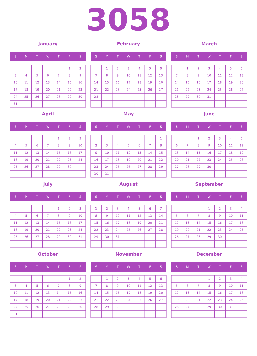 Printable 3058 Year Calendars purple