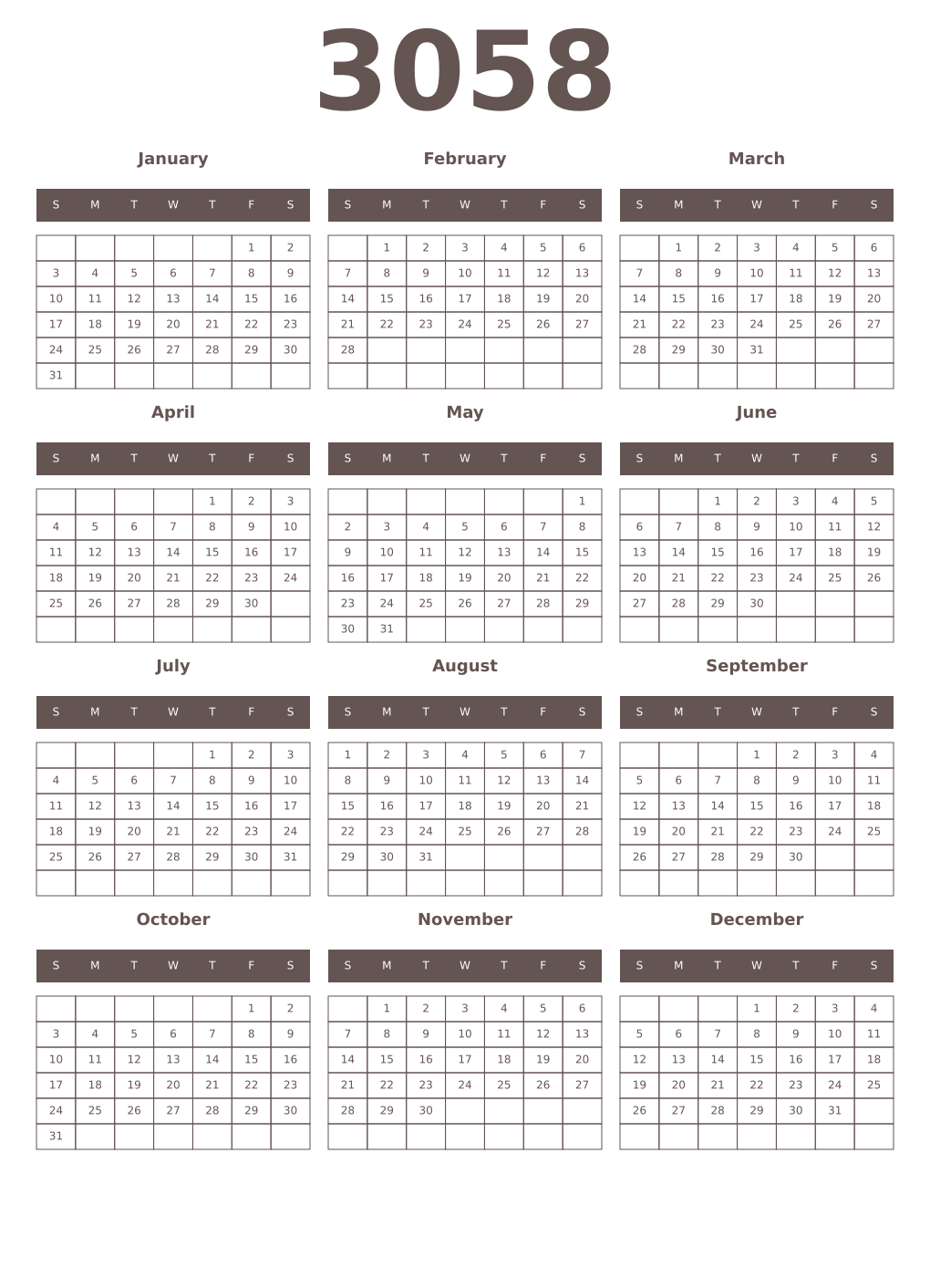 Printable 3058 Year Calendars wenge