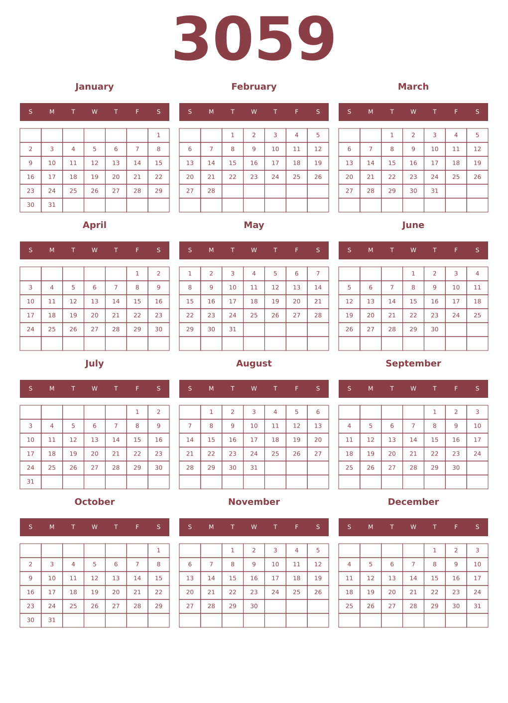 Printable 3059 Year Calendars cordovan