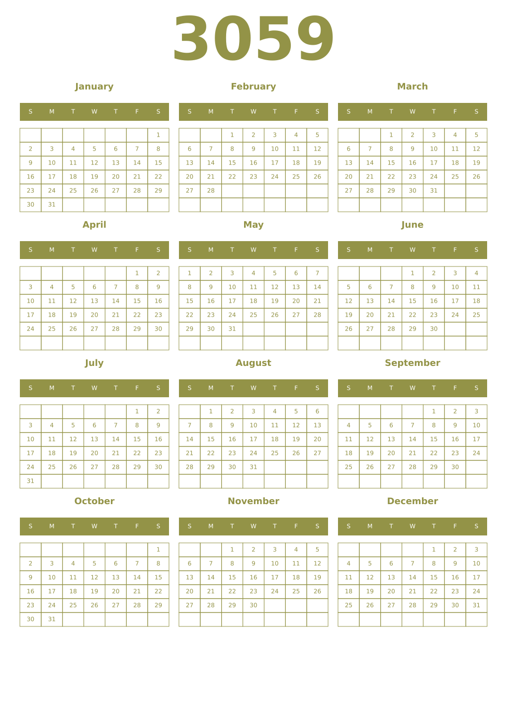 Printable 3059 Year Calendars eburnean