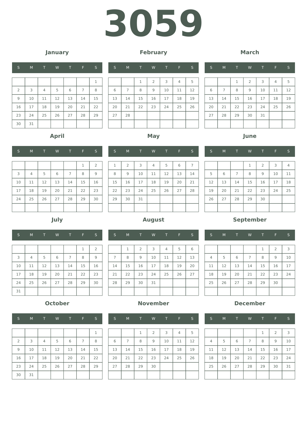 Printable 3059 Year Calendars feldgrau