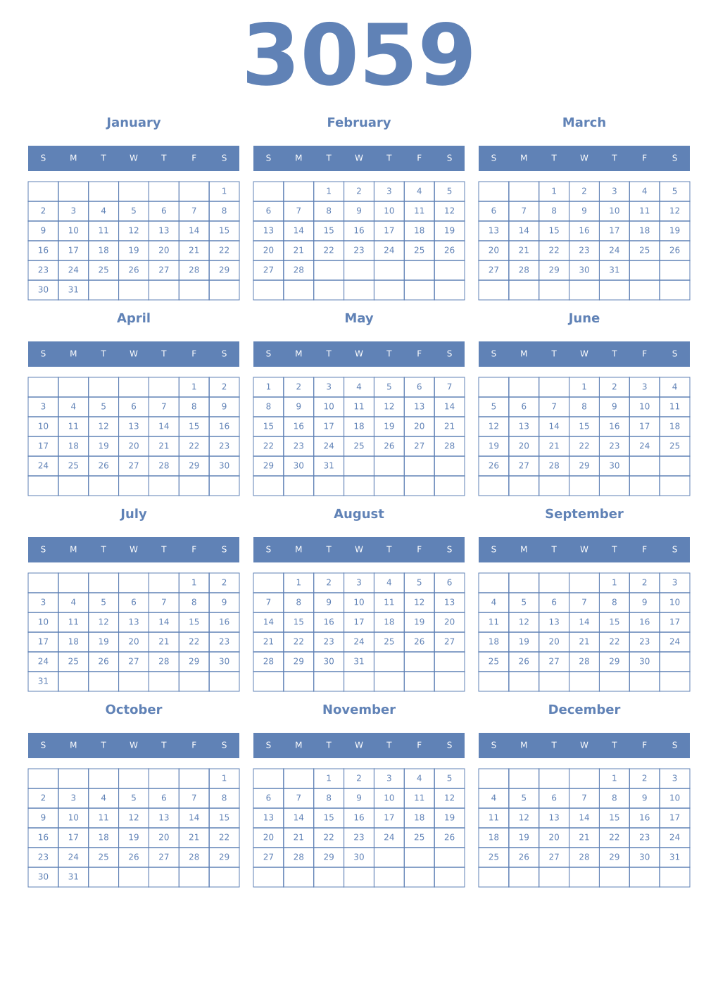 Printable 3059 Year Calendars glaucous