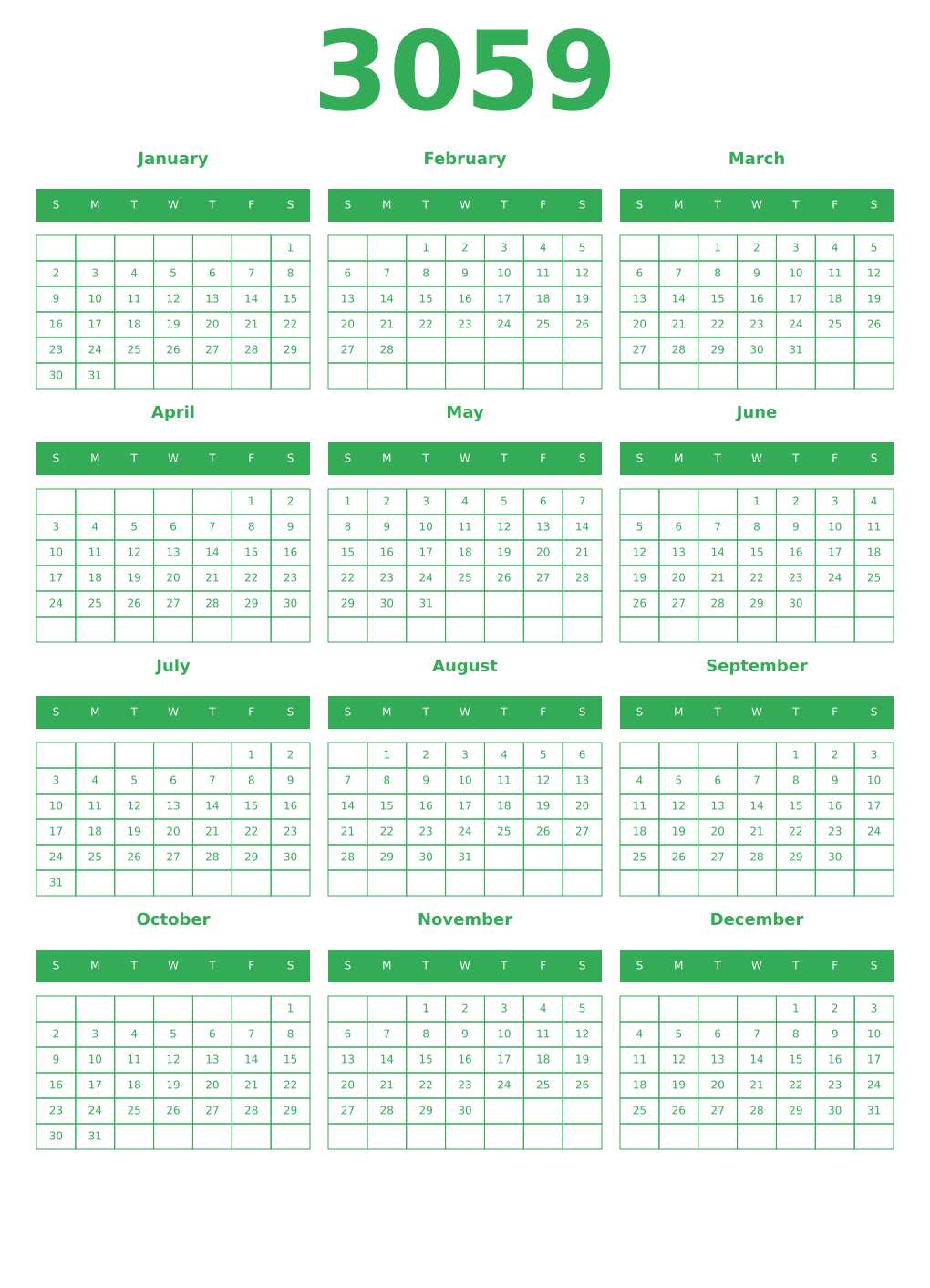 Printable 3059 Year Calendars green