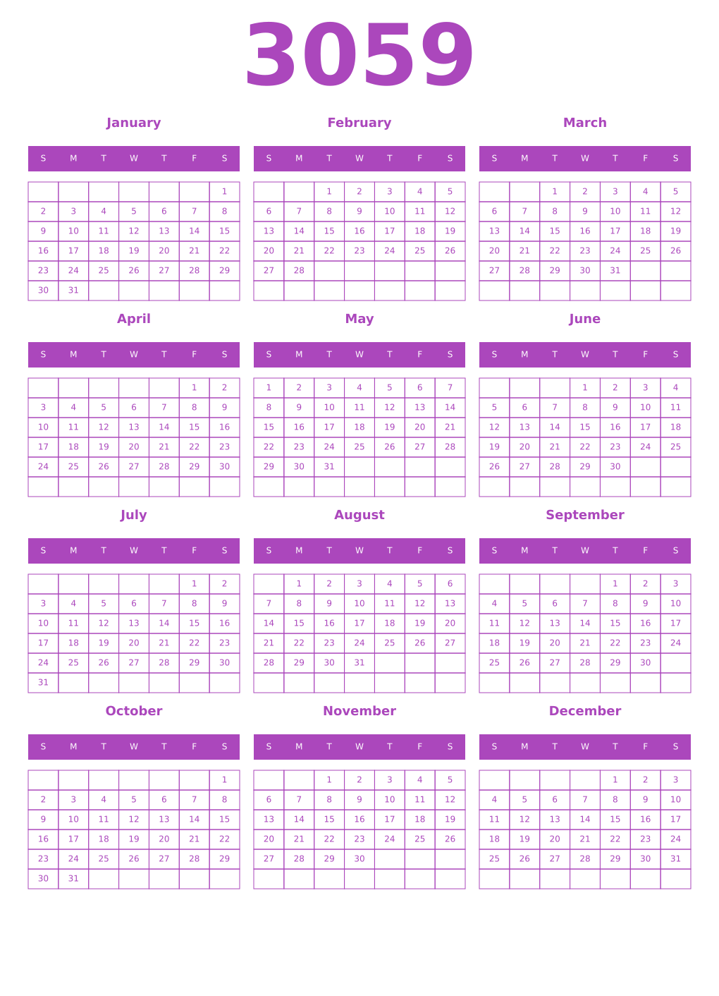 Printable 3059 Year Calendars purple