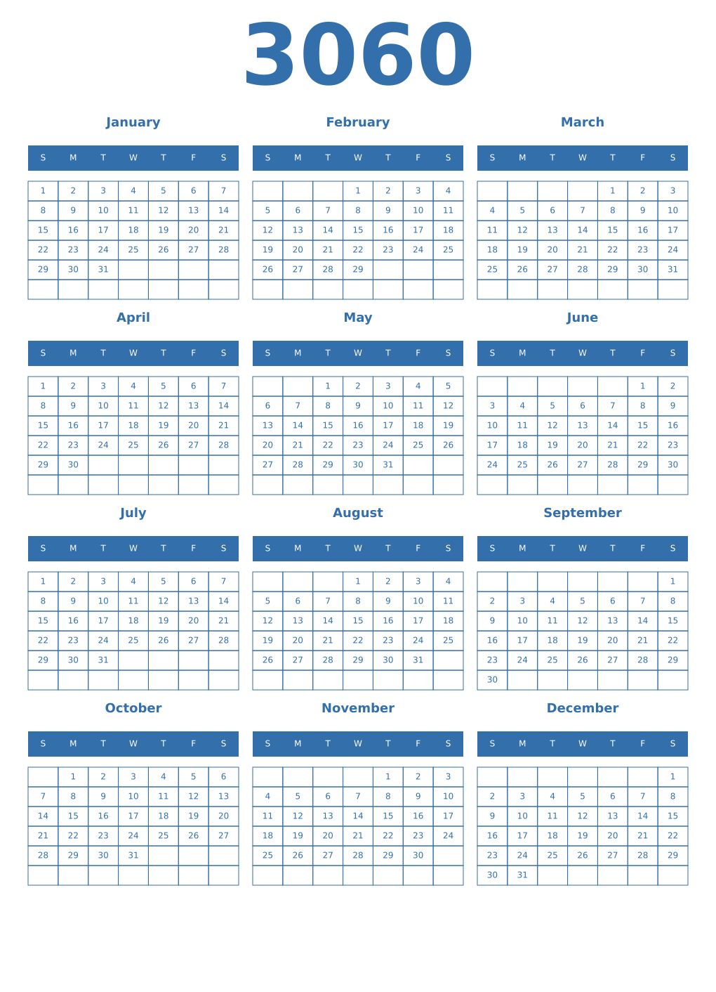 Printable 3060 Year Calendars blue