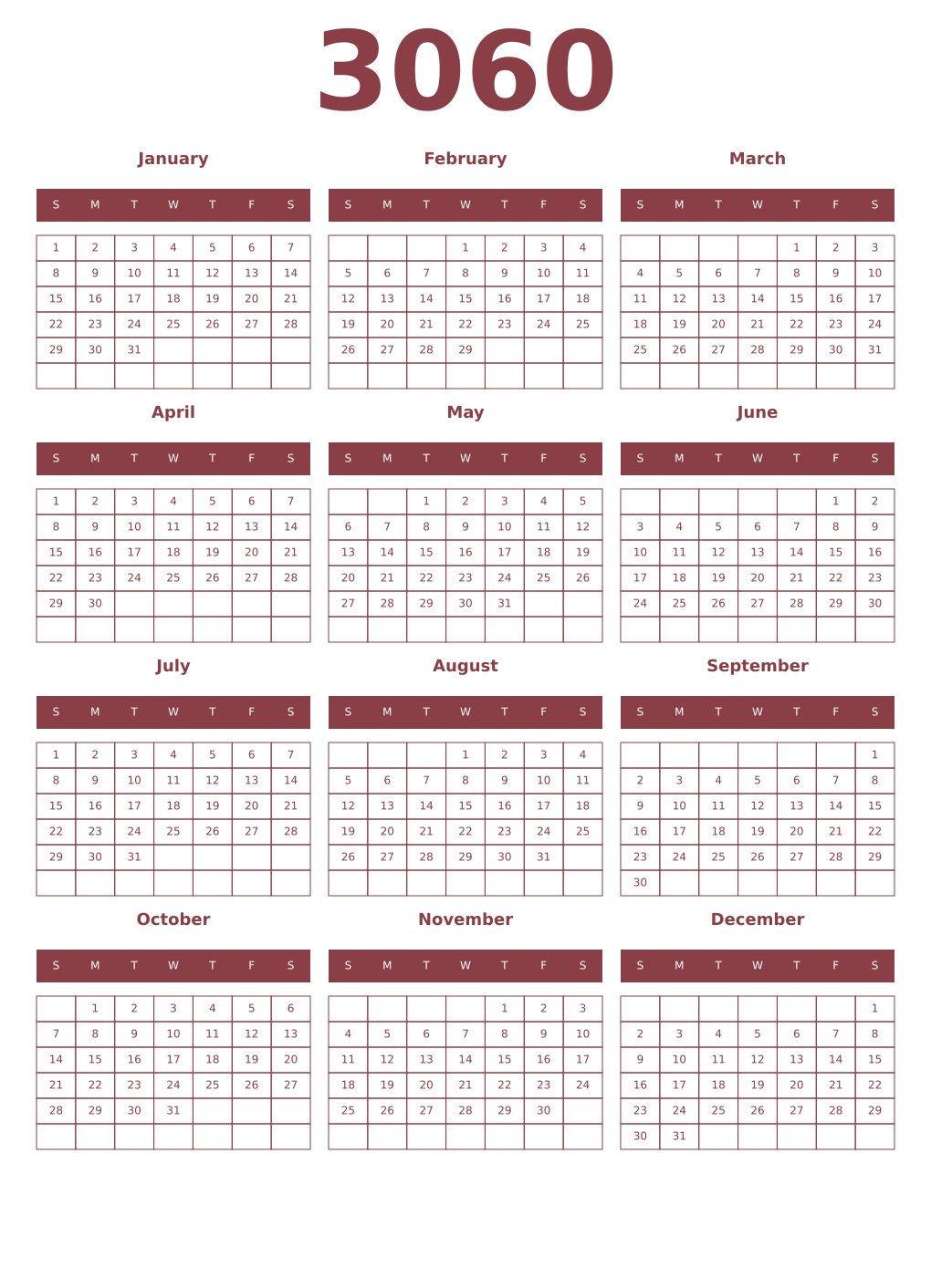Printable 3060 Year Calendars cordovan