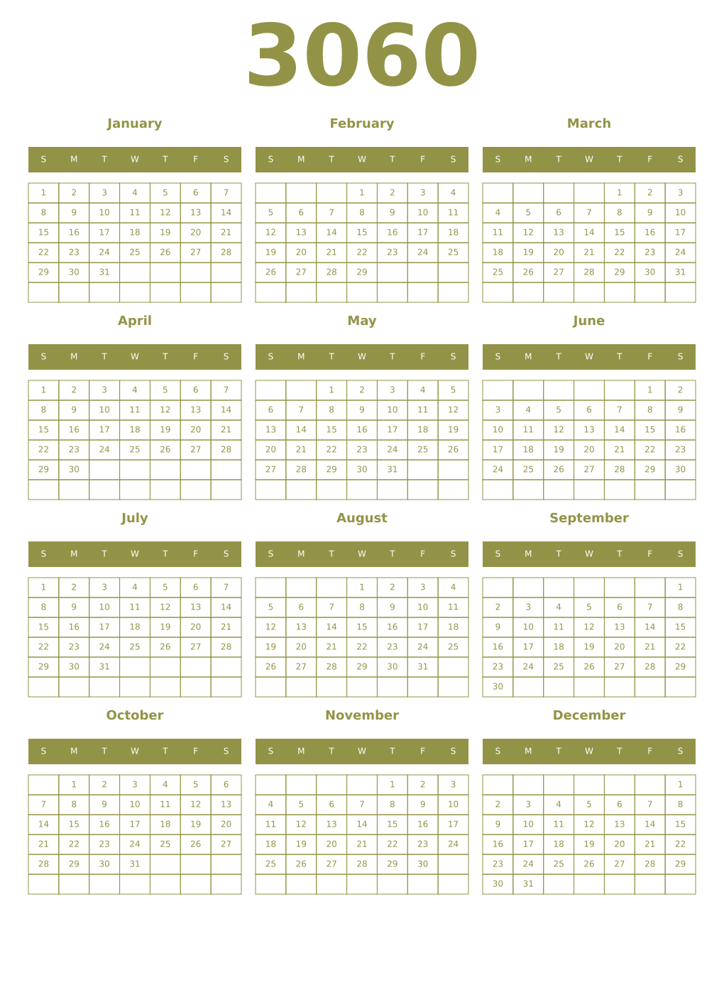 Printable 3060 Year Calendars eburnean