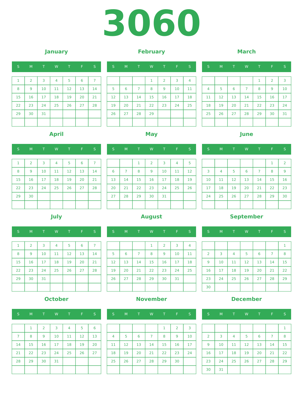 Printable 3060 Year Calendars green