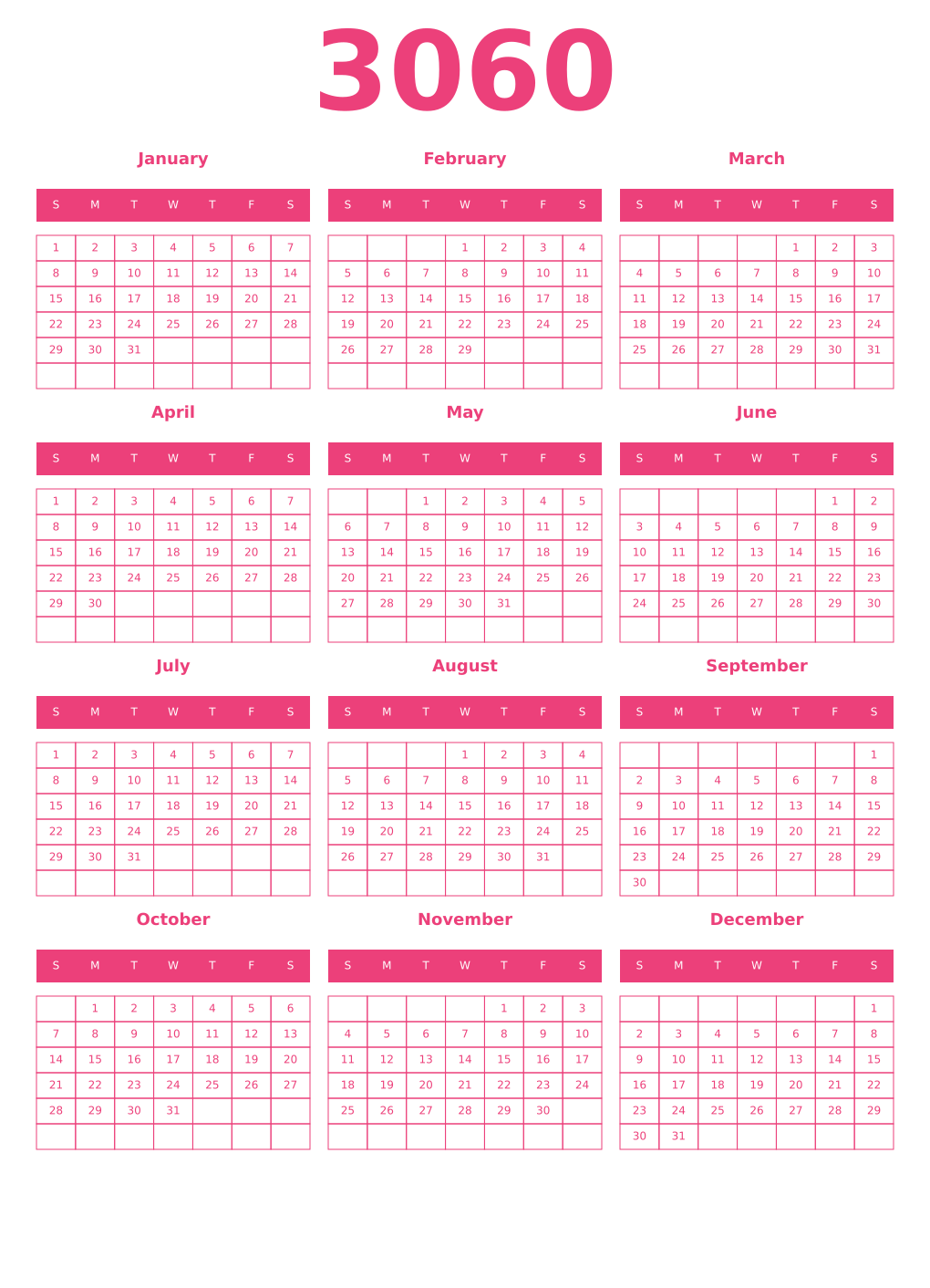 Printable 3060 Year Calendars pink