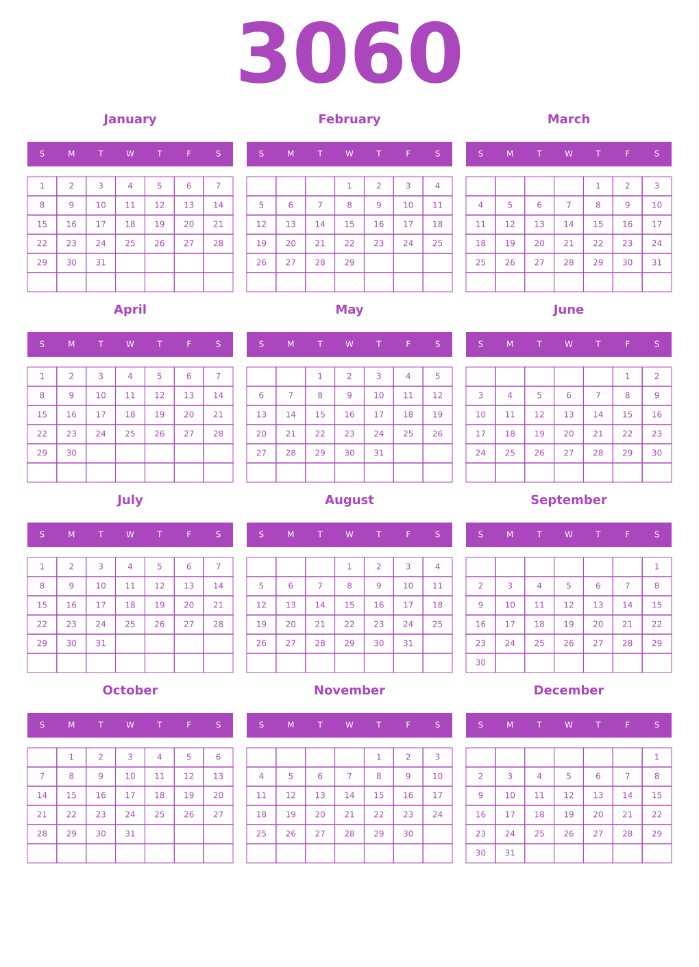 Printable 3060 Year Calendars purple