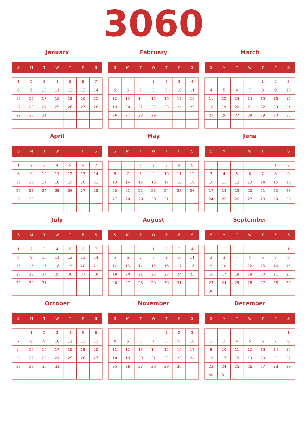Printable 3060 Year Calendars red