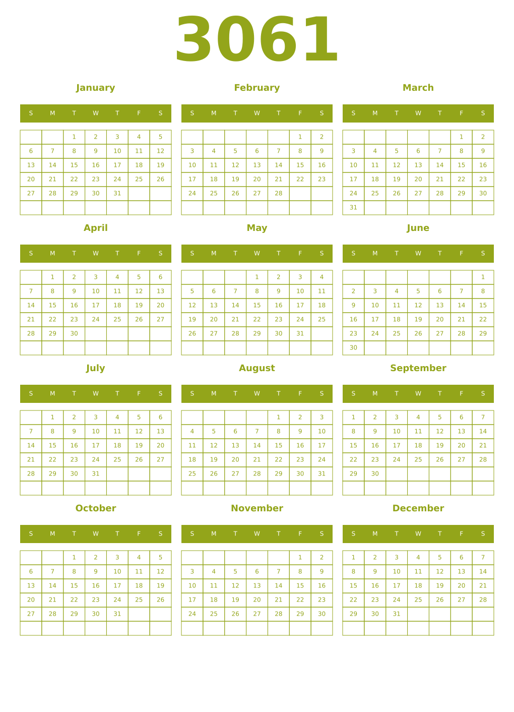 Printable 3061 Year Calendars chartreuse