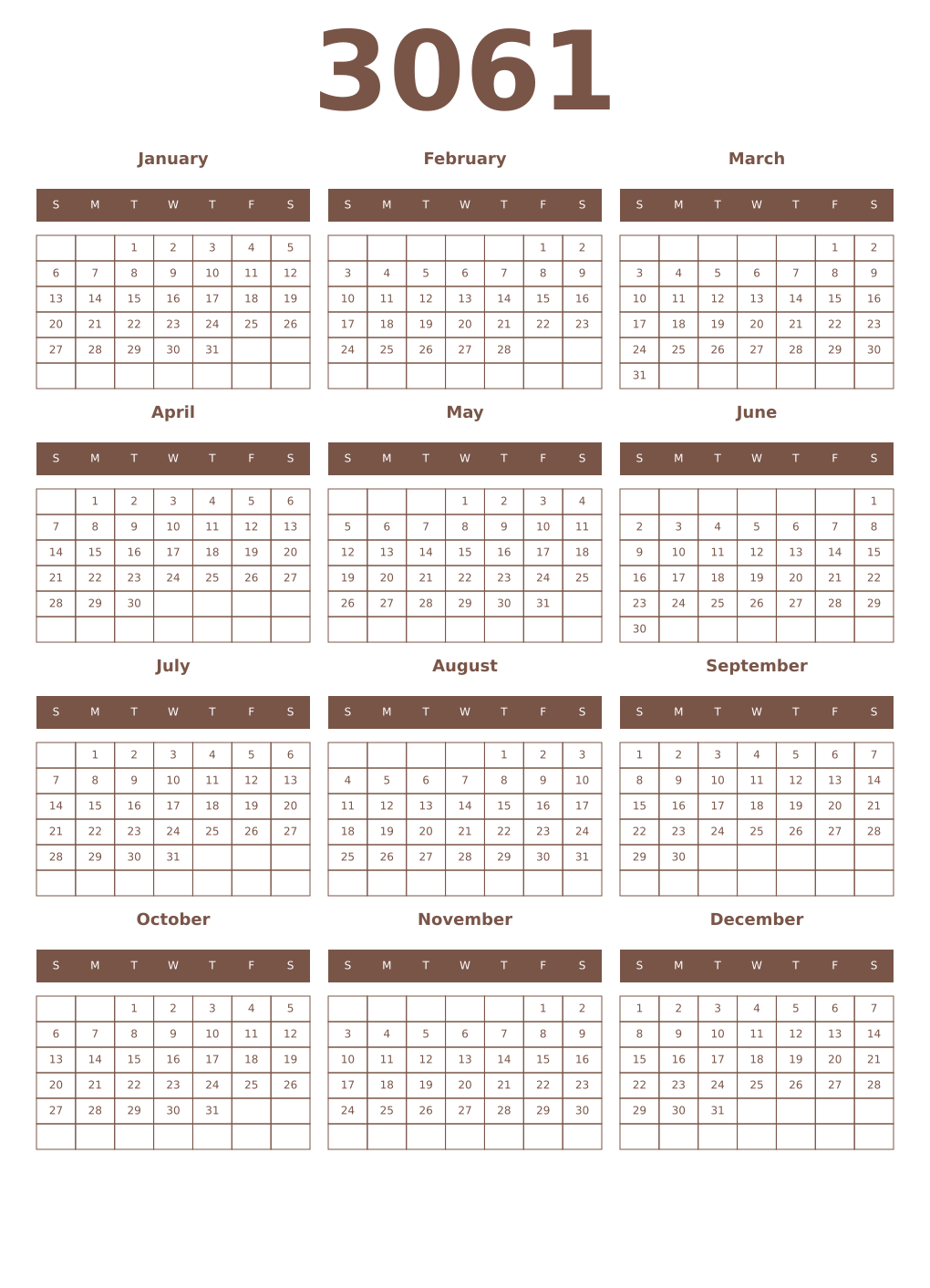 Printable 3061 Year Calendars coffe