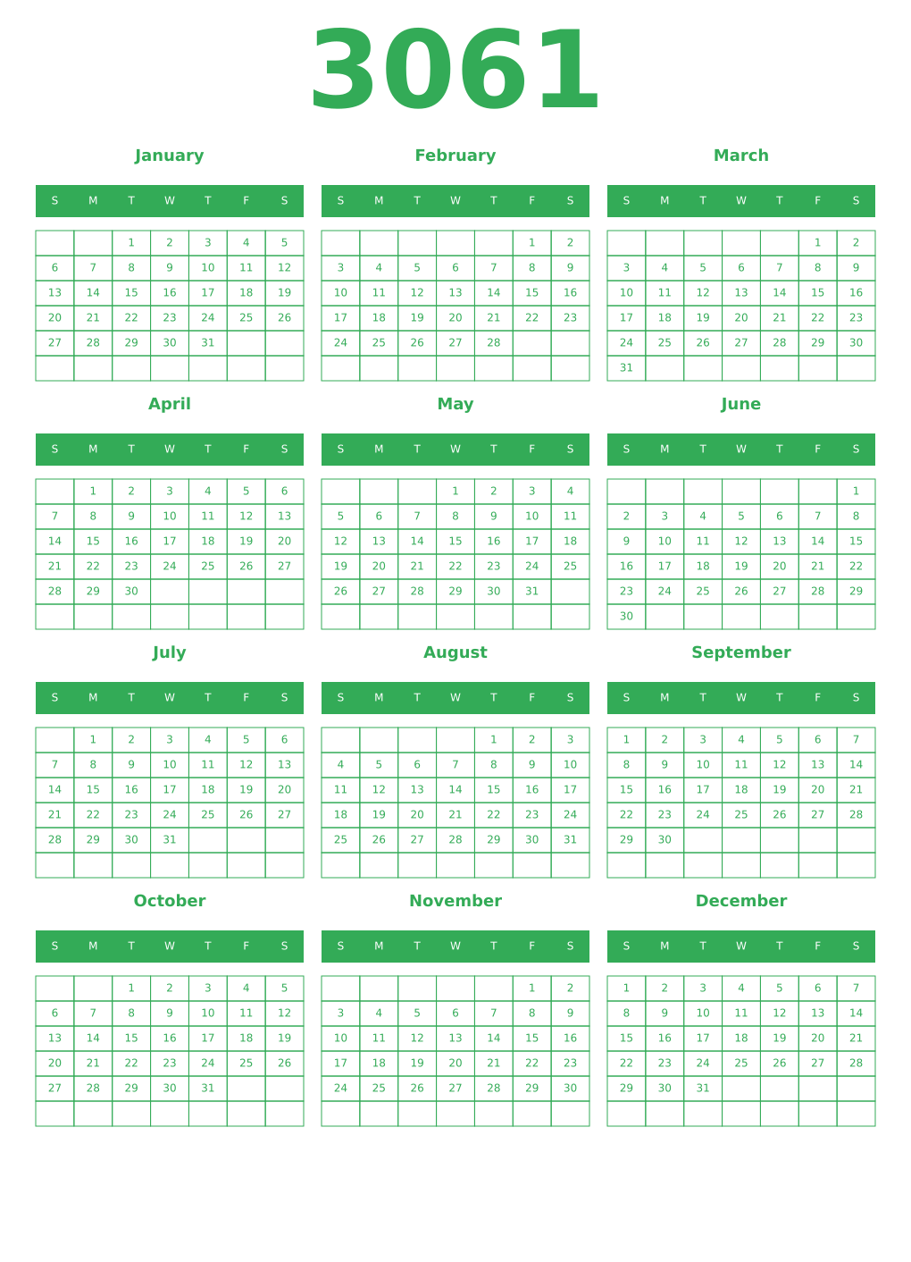 Printable 3061 Year Calendars green