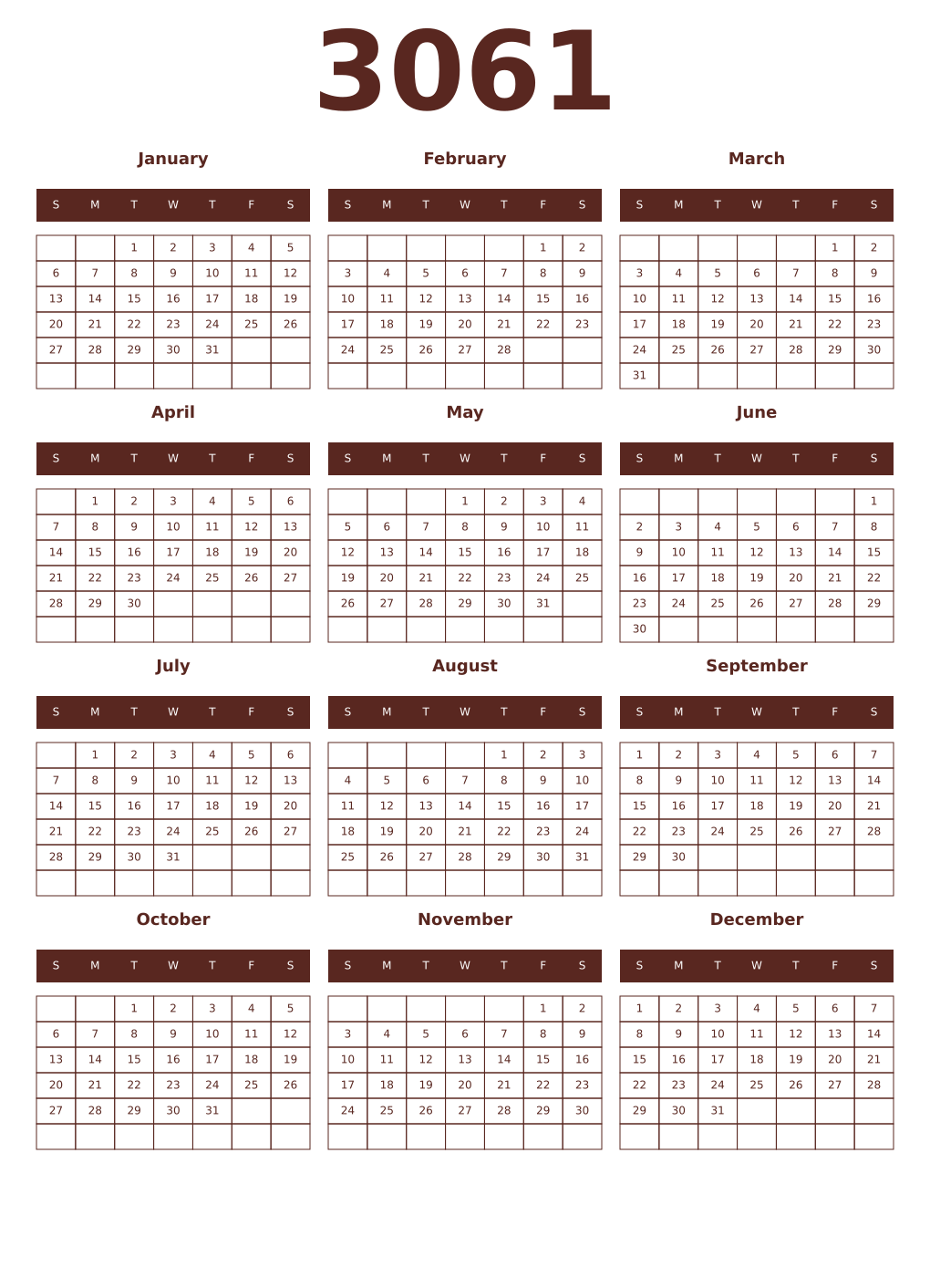 Printable 3061 Year Calendars mortuum