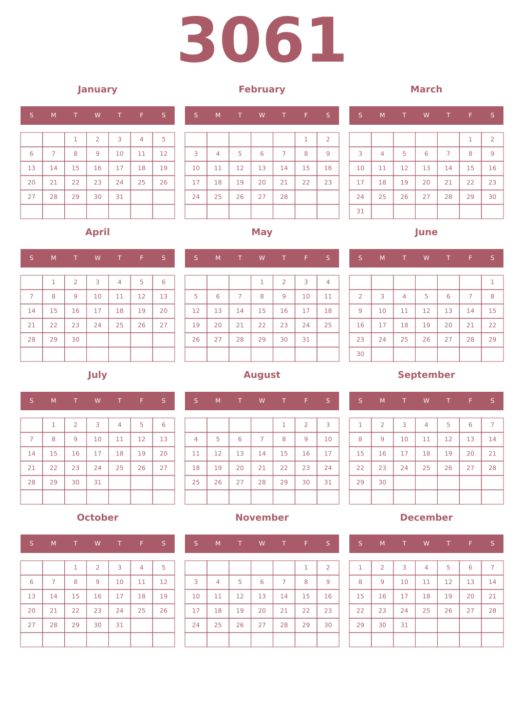 Printable 3061 Year Calendars puce