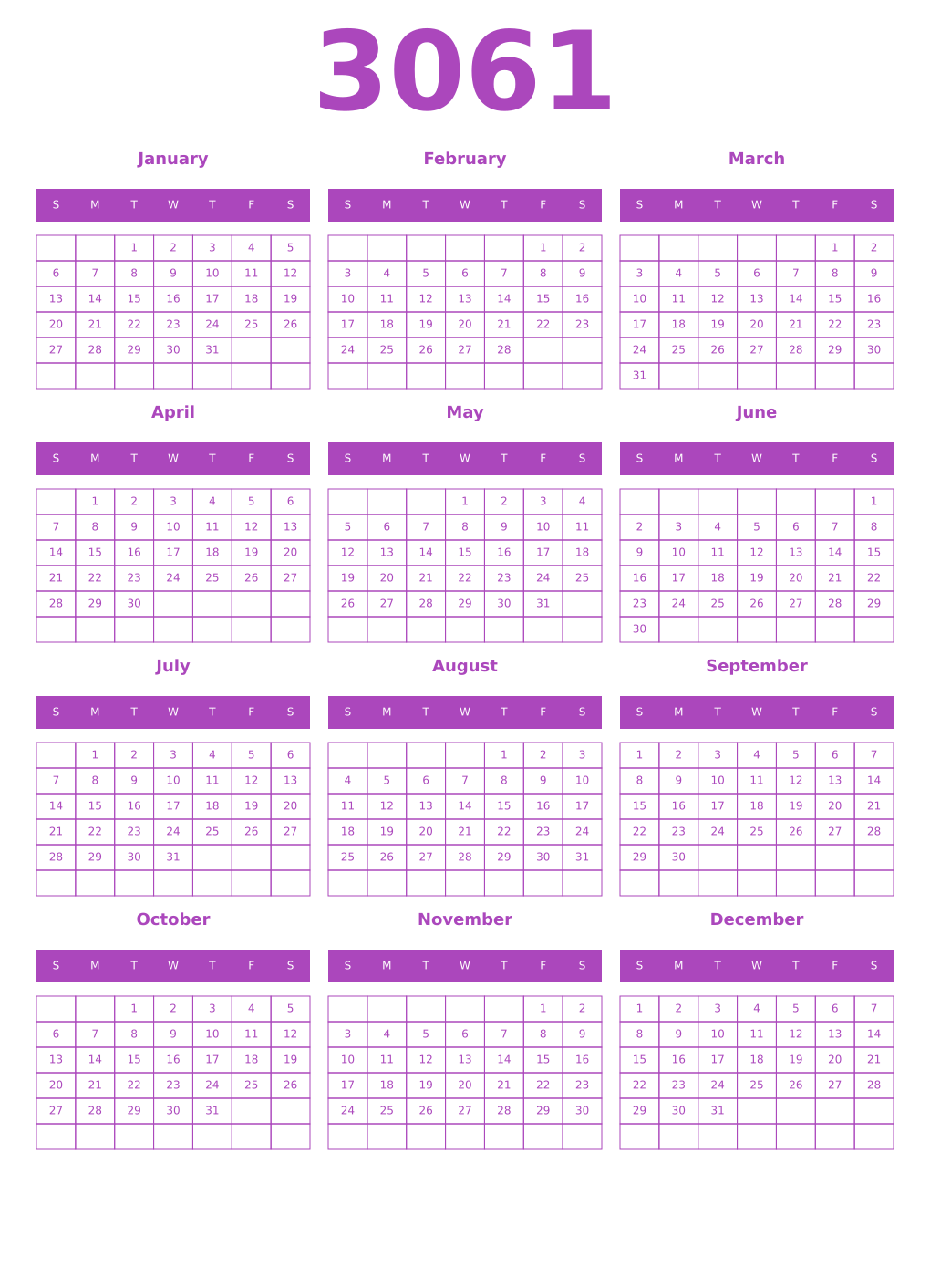 Printable 3061 Year Calendars purple
