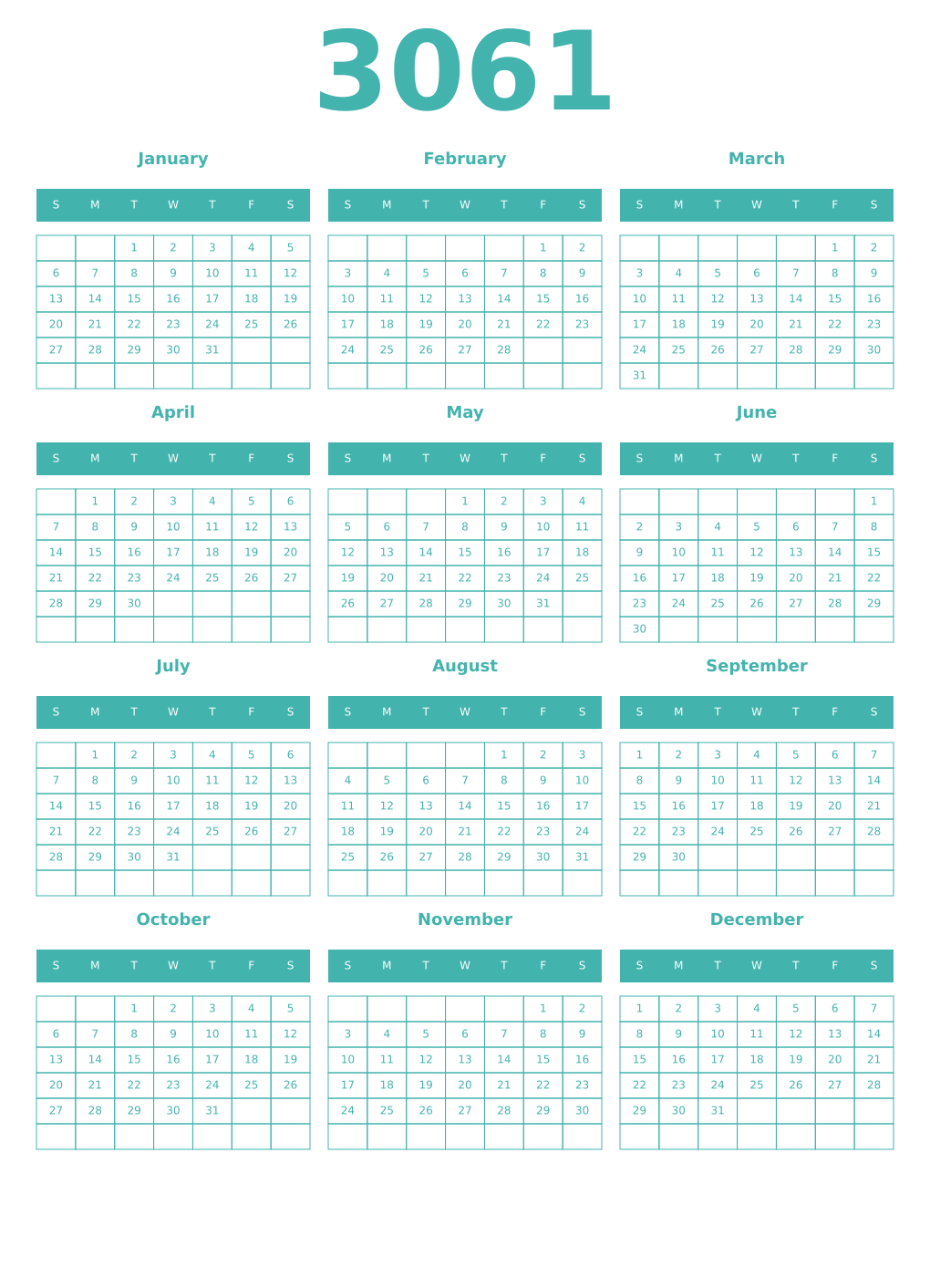 Printable 3061 Year Calendars verdigris