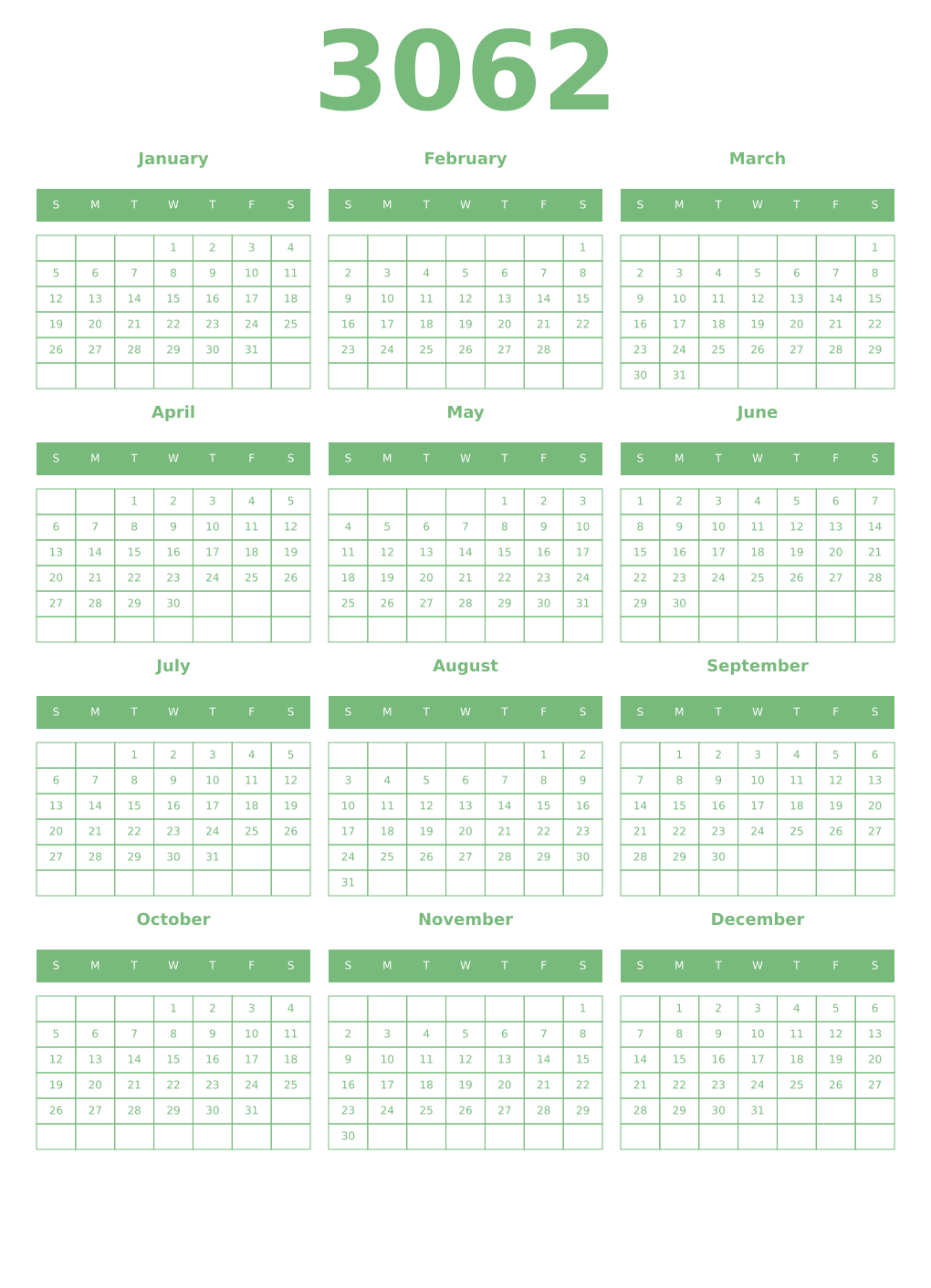 Printable 3062 Year Calendars celadon