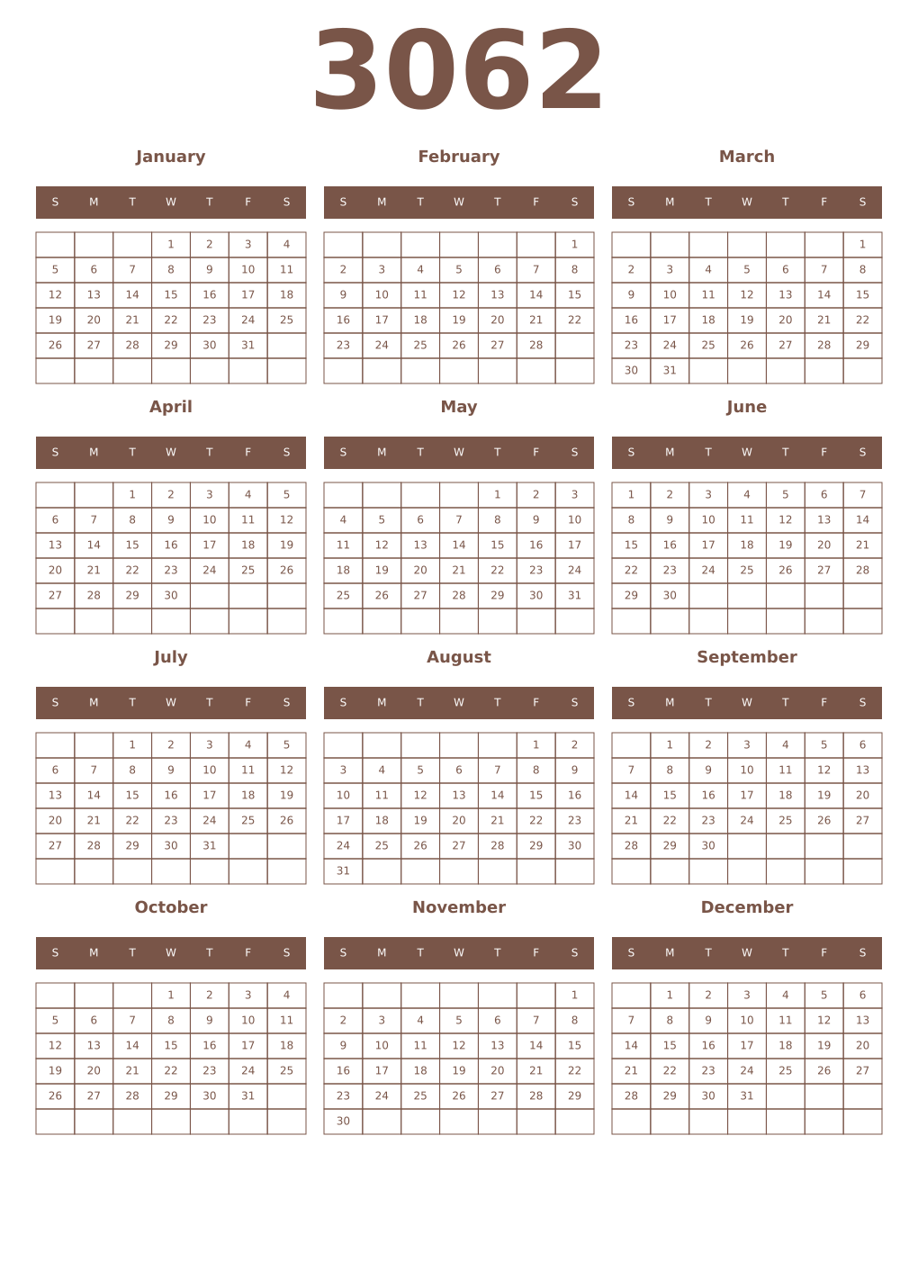 Printable 3062 Year Calendars coffe