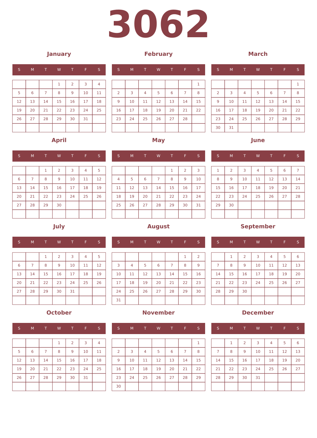 Printable 3062 Year Calendars cordovan
