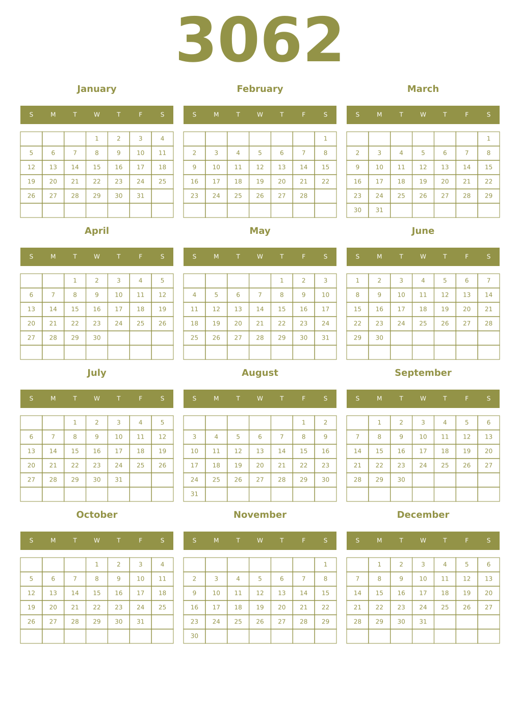 Printable 3062 Year Calendars eburnean