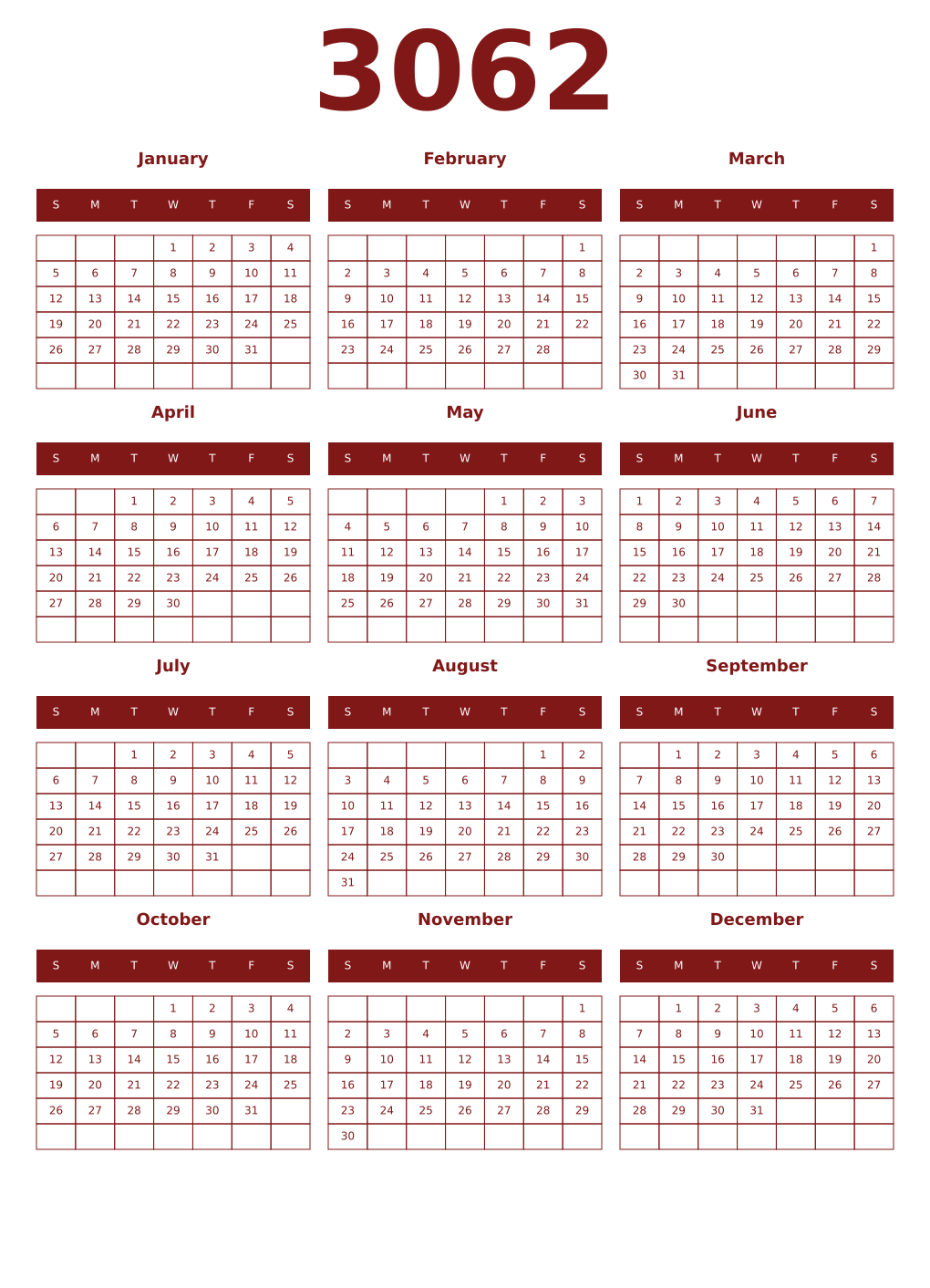 Printable 3062 Year Calendars falu