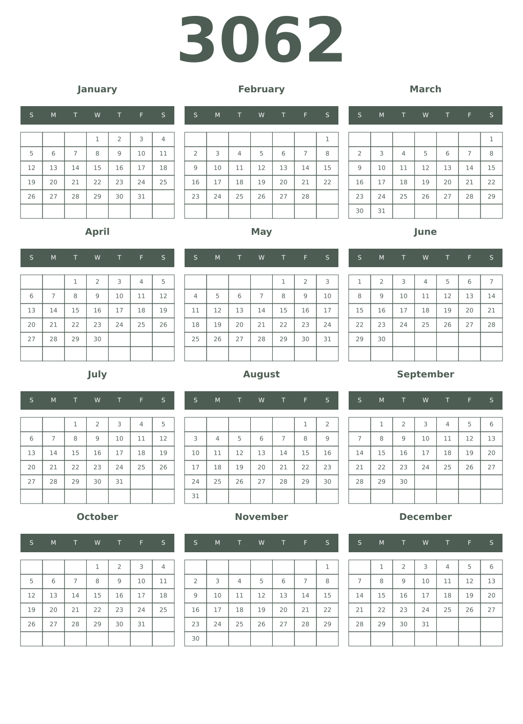 Printable 3062 Year Calendars feldgrau