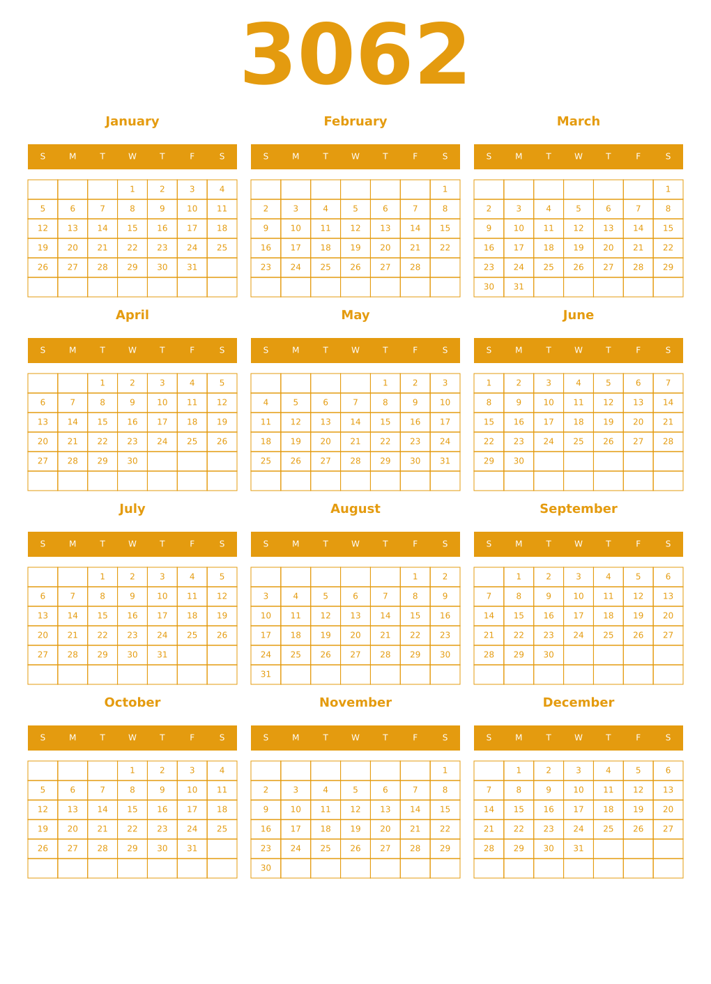 Printable 3062 Year Calendars gamboge