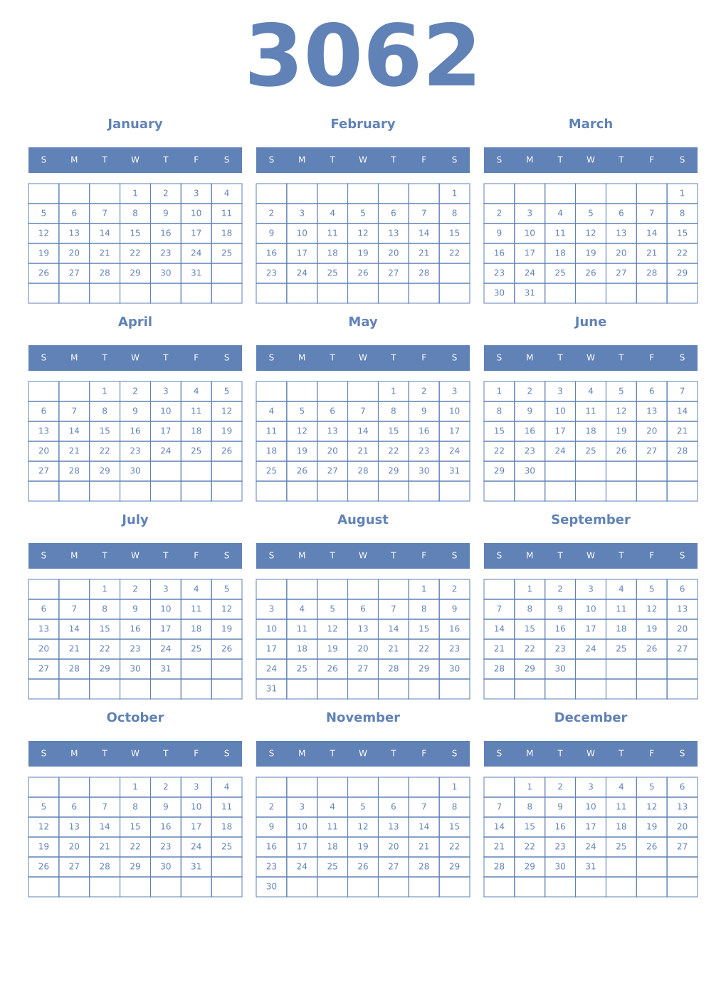 Printable 3062 Year Calendars glaucous