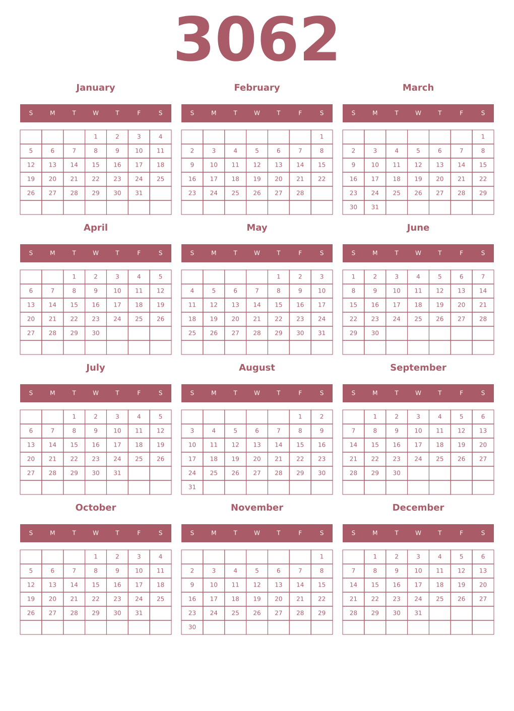 Printable 3062 Year Calendars puce