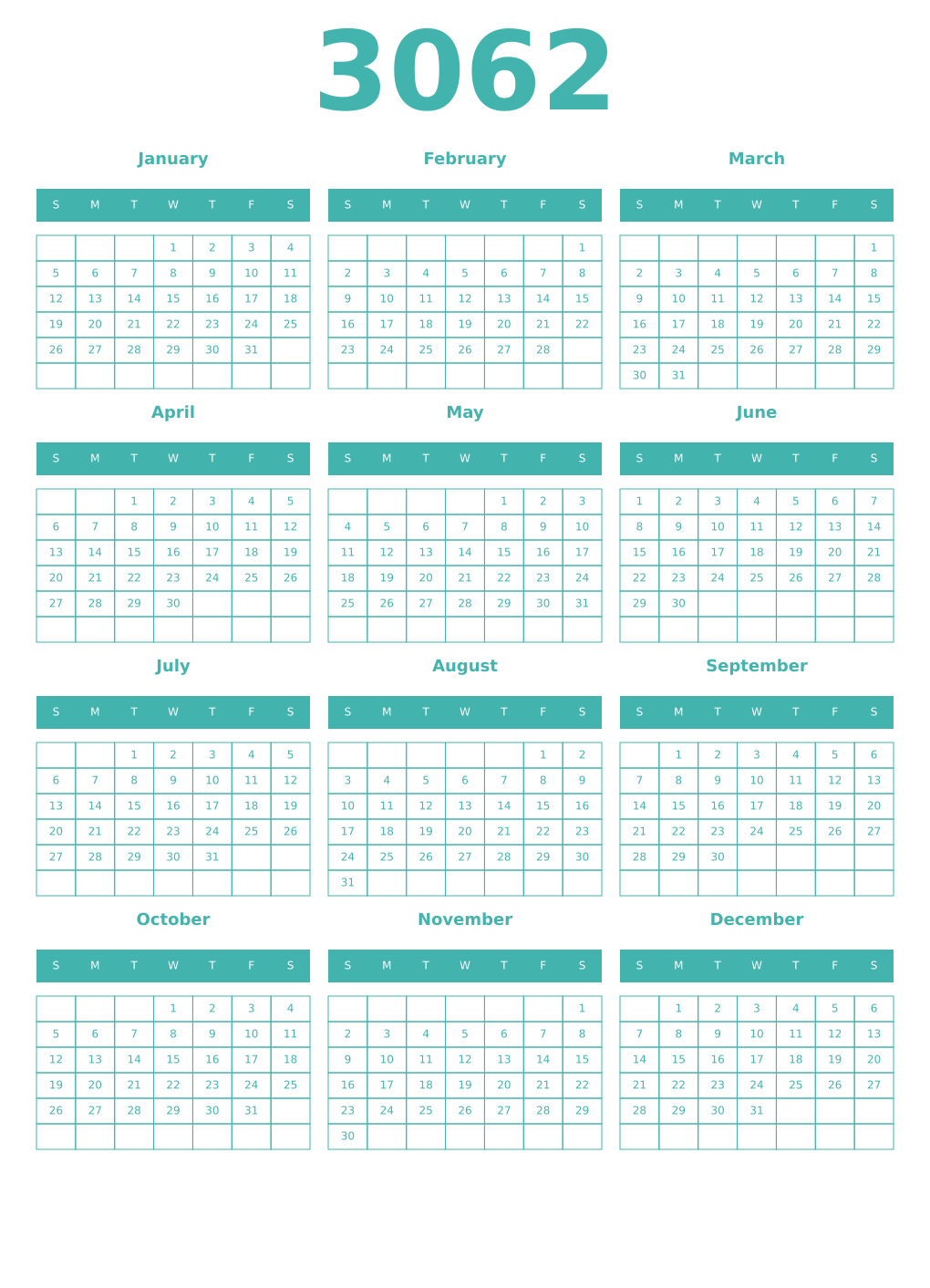 Printable 3062 Year Calendars verdigris