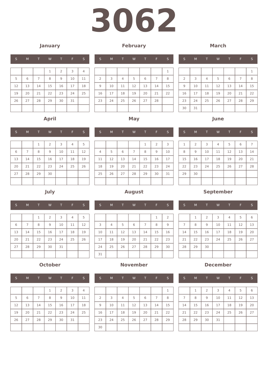 Printable 3062 Year Calendars wenge