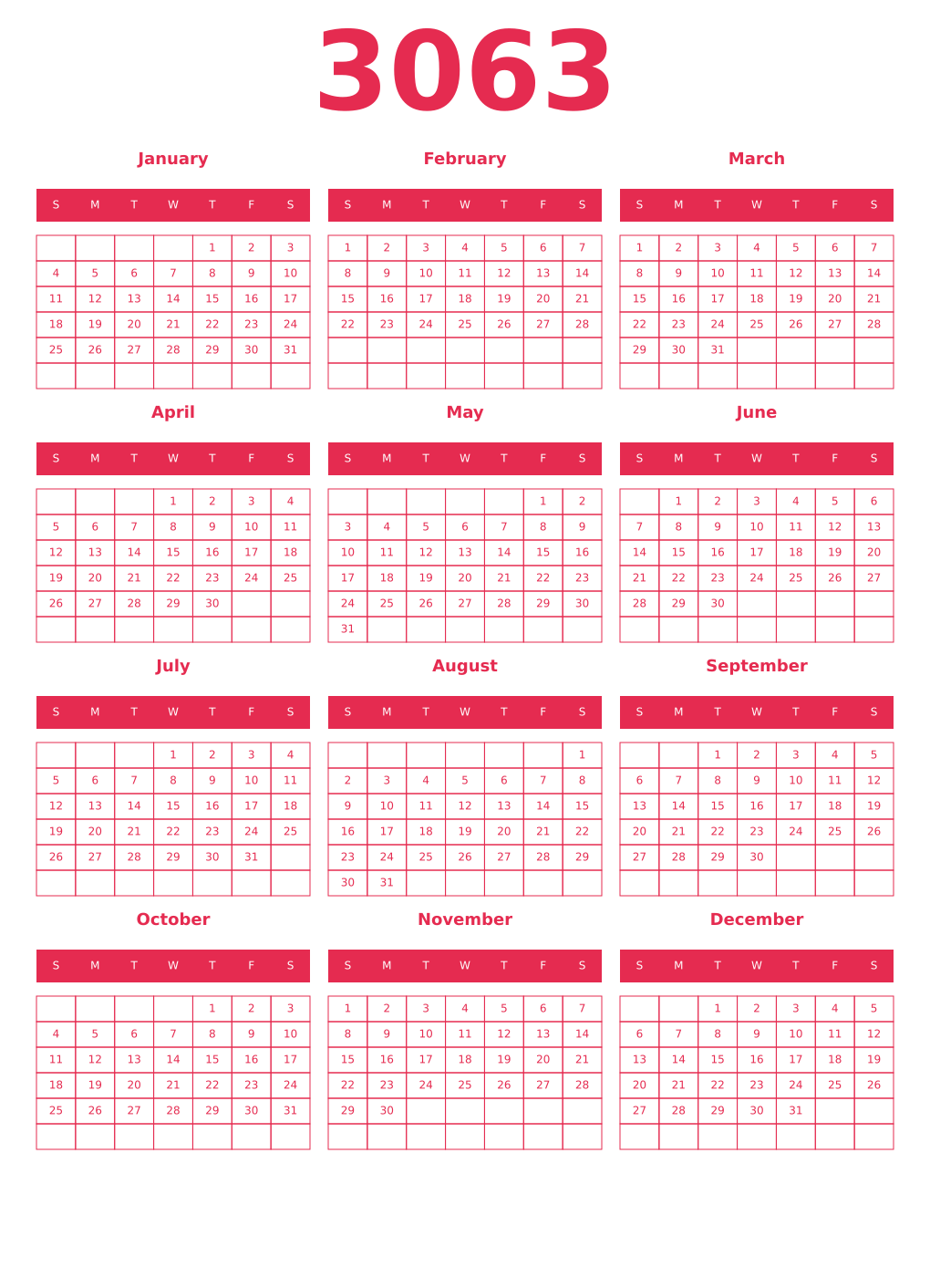 Printable 3063 Year Calendars amaranth