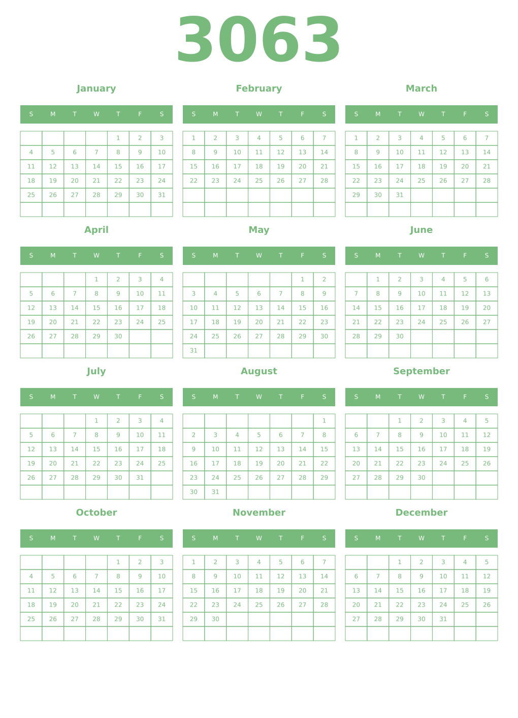 Printable 3063 Year Calendars celadon