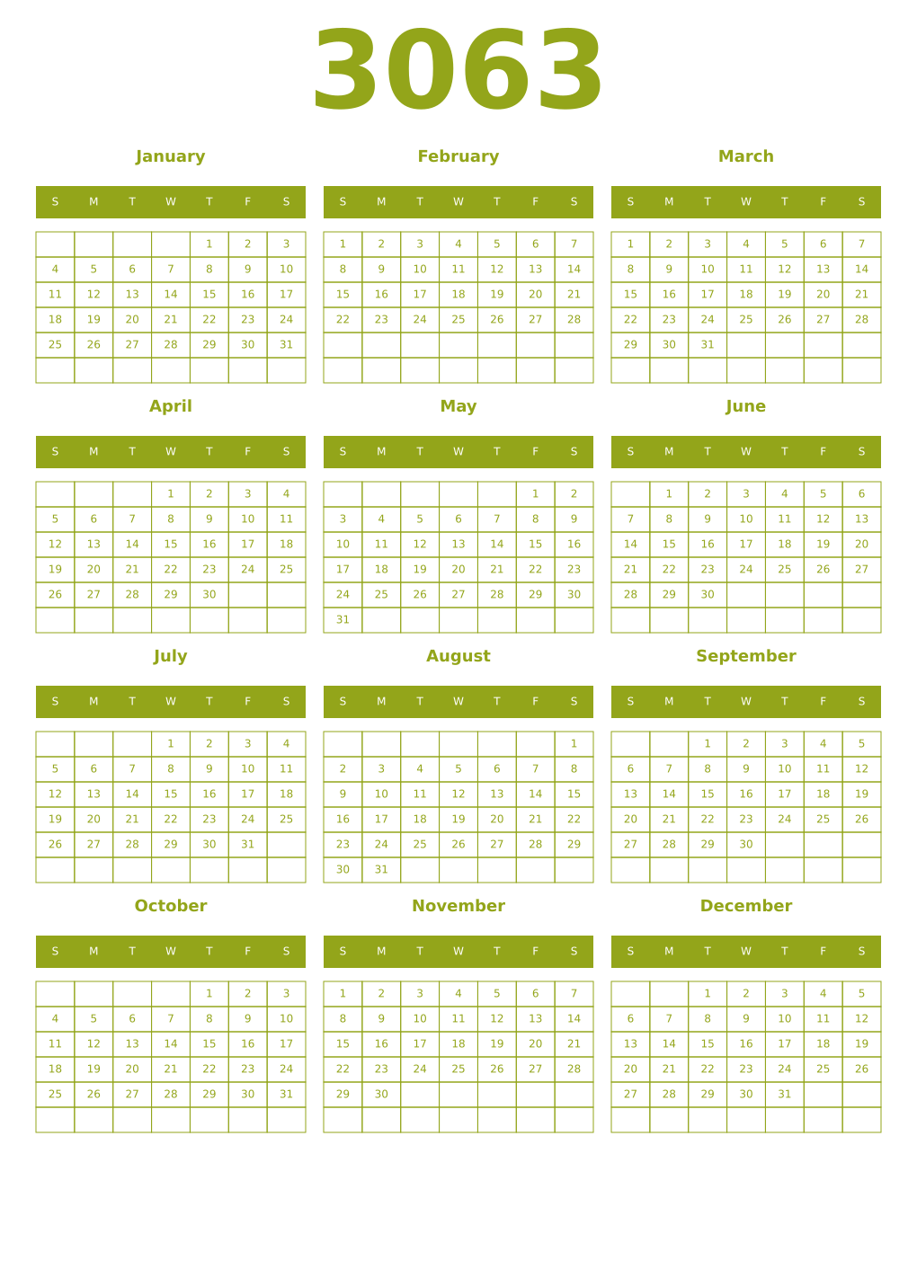 Printable 3063 Year Calendars chartreuse
