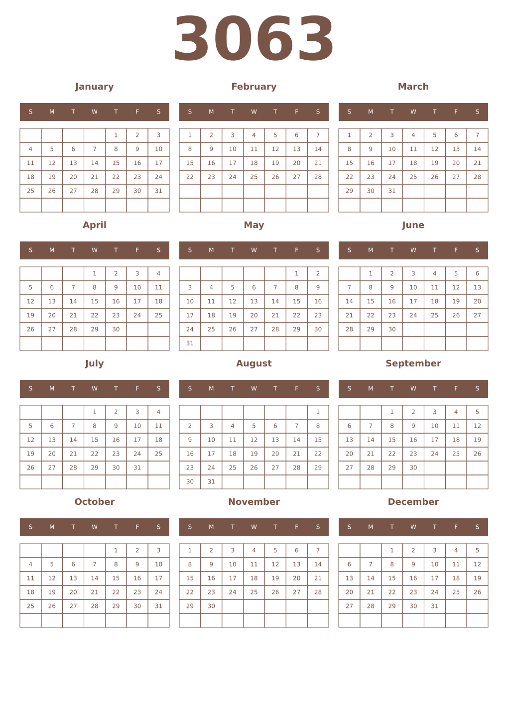 Printable 3063 Year Calendars coffe