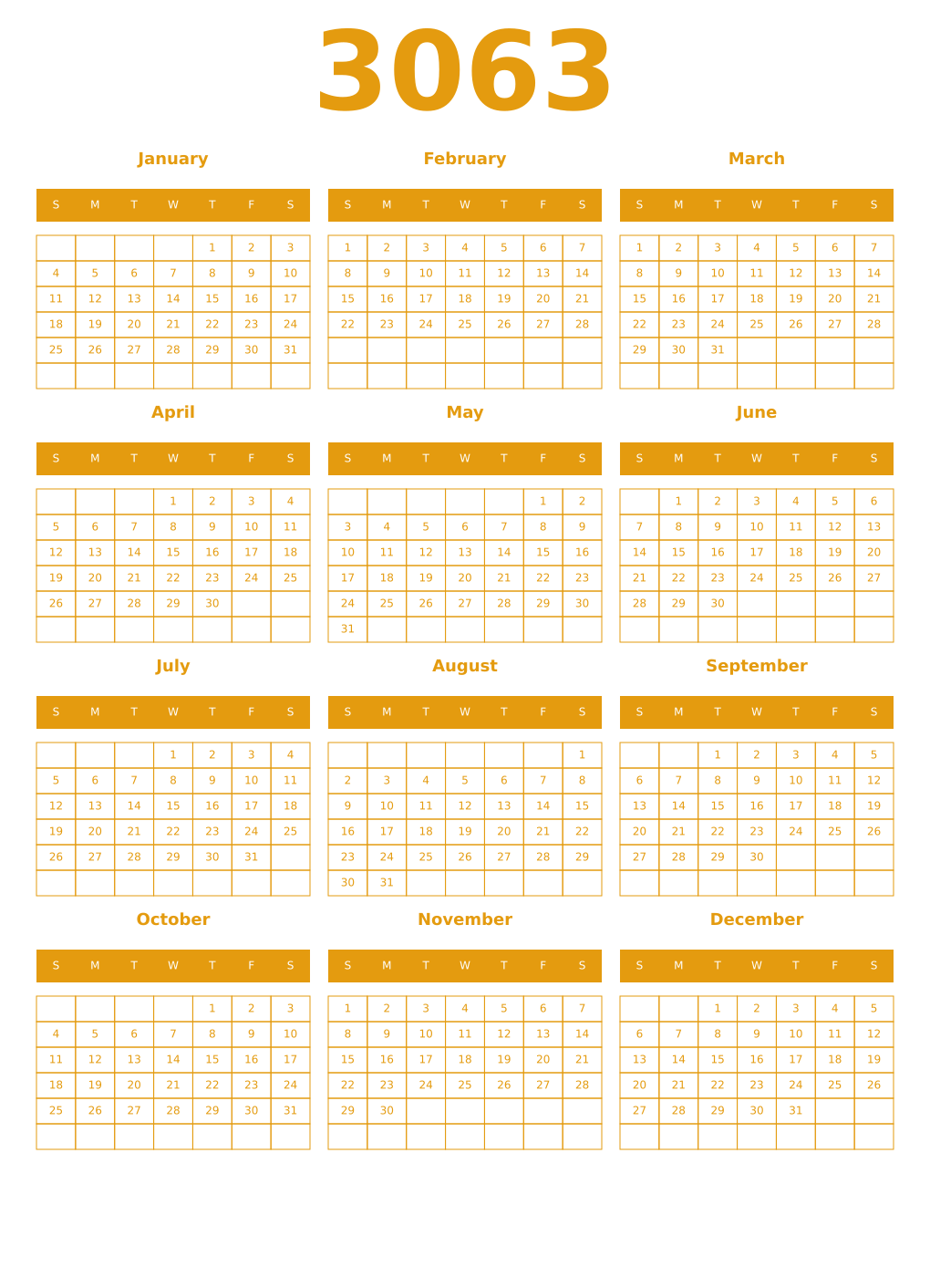 Printable 3063 Year Calendars gamboge