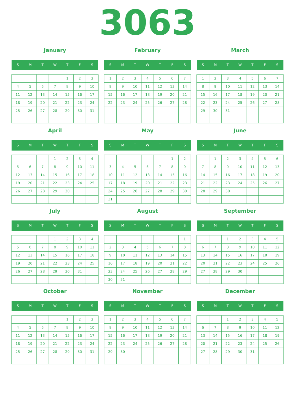 Printable 3063 Year Calendars green