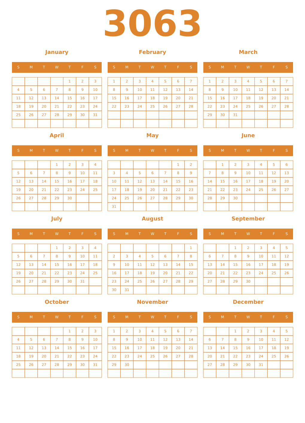 Printable 3063 Year Calendars orange