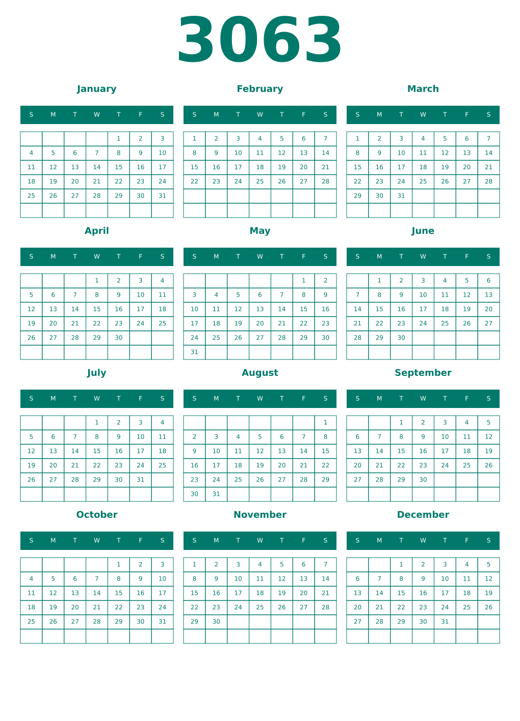 Printable 3063 Year Calendars pastel