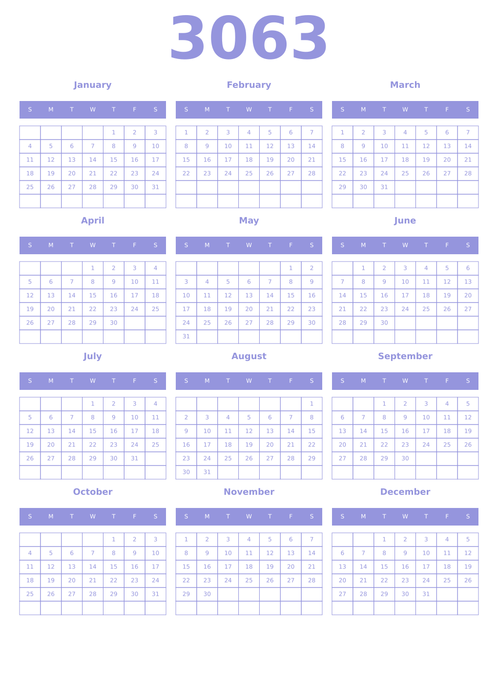 Printable 3063 Year Calendars periwinkle