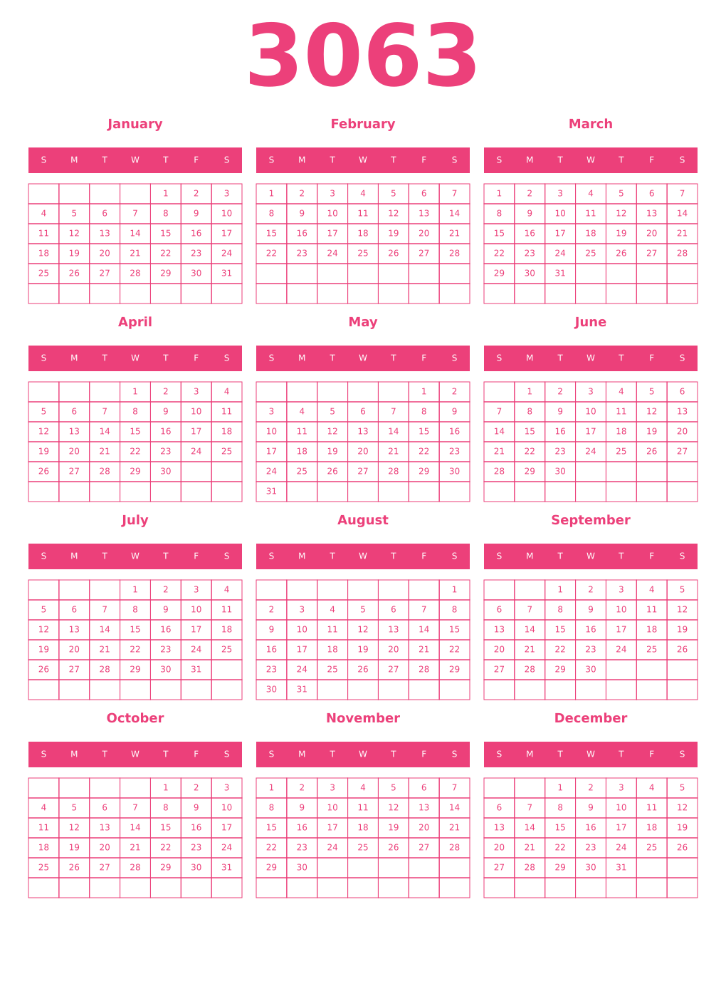 Printable 3063 Year Calendars pink