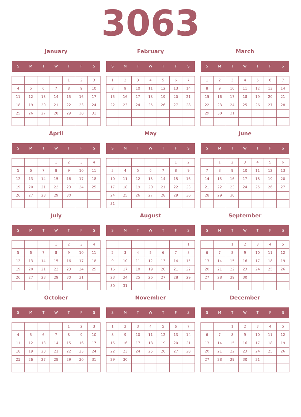 Printable 3063 Year Calendars puce