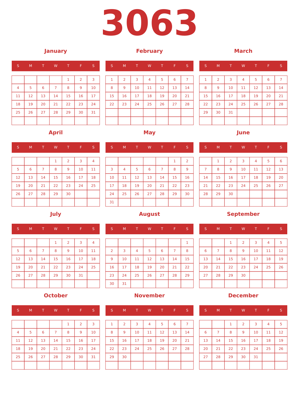 Printable 3063 Year Calendars red