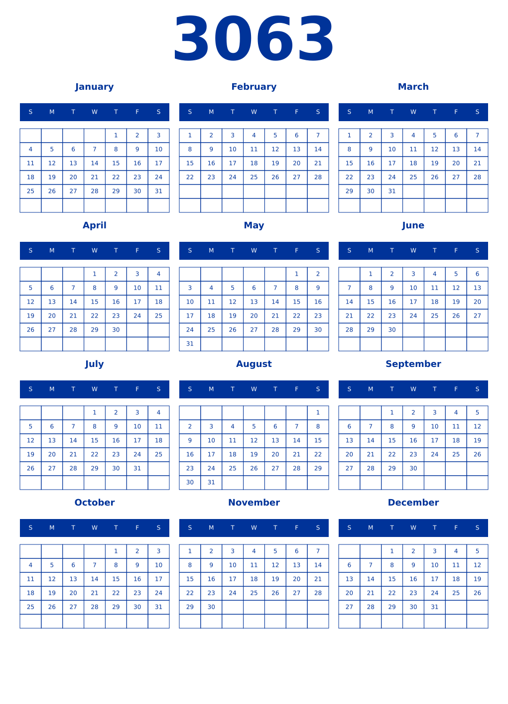 Printable 3063 Year Calendars smalt
