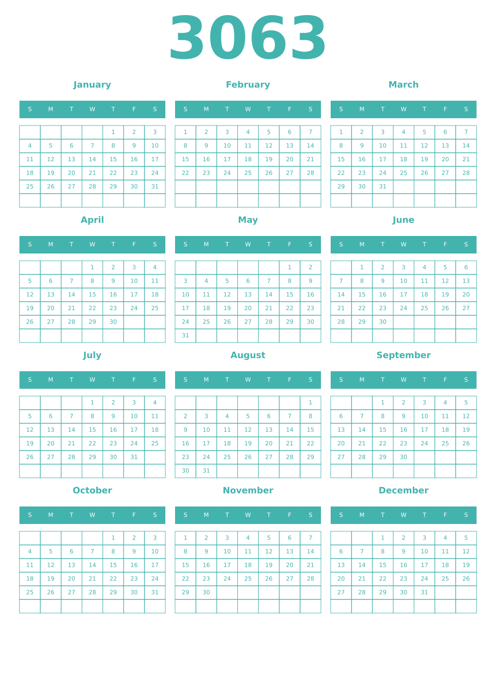 Printable 3063 Year Calendars verdigris