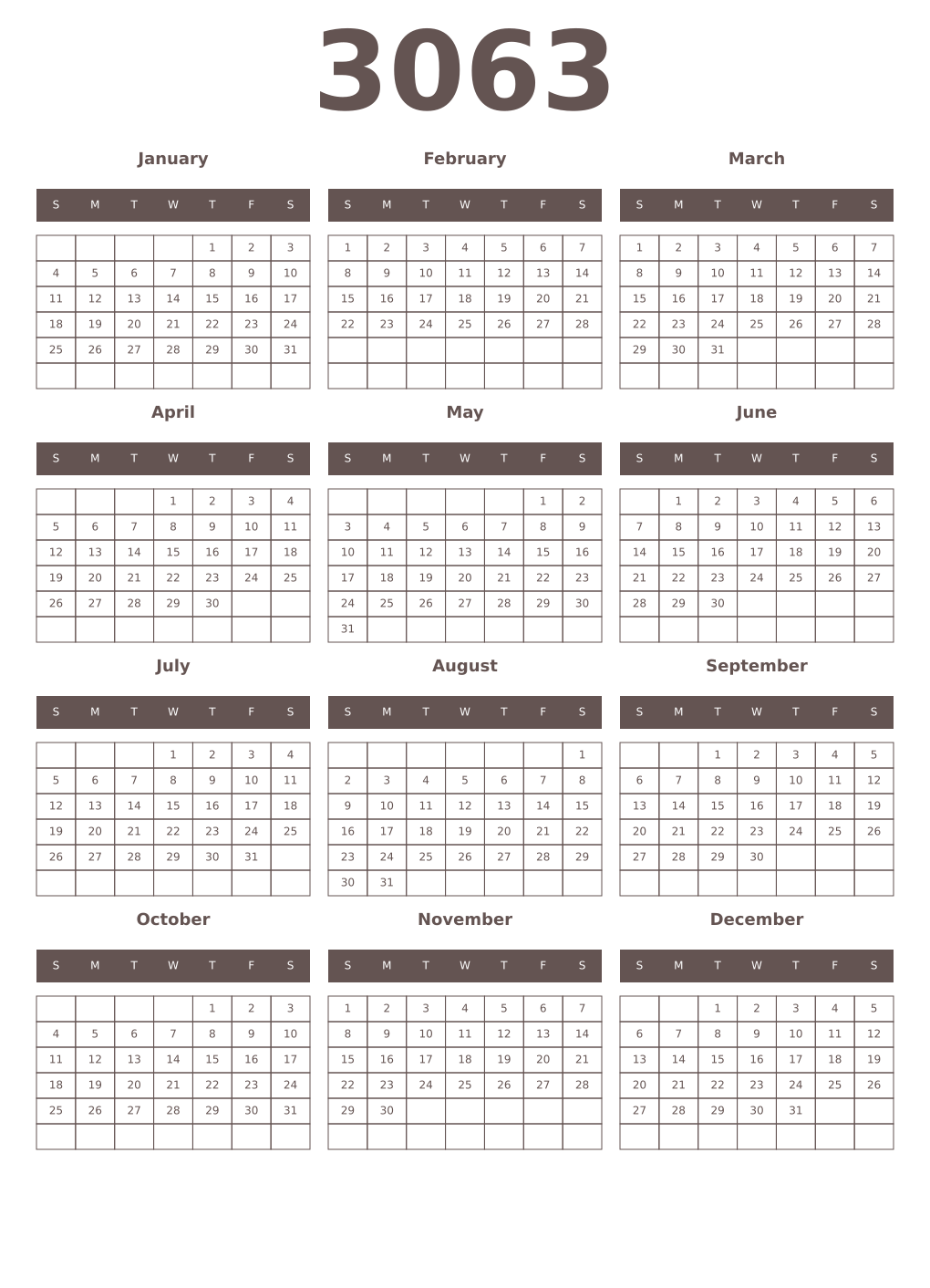 Printable 3063 Year Calendars wenge