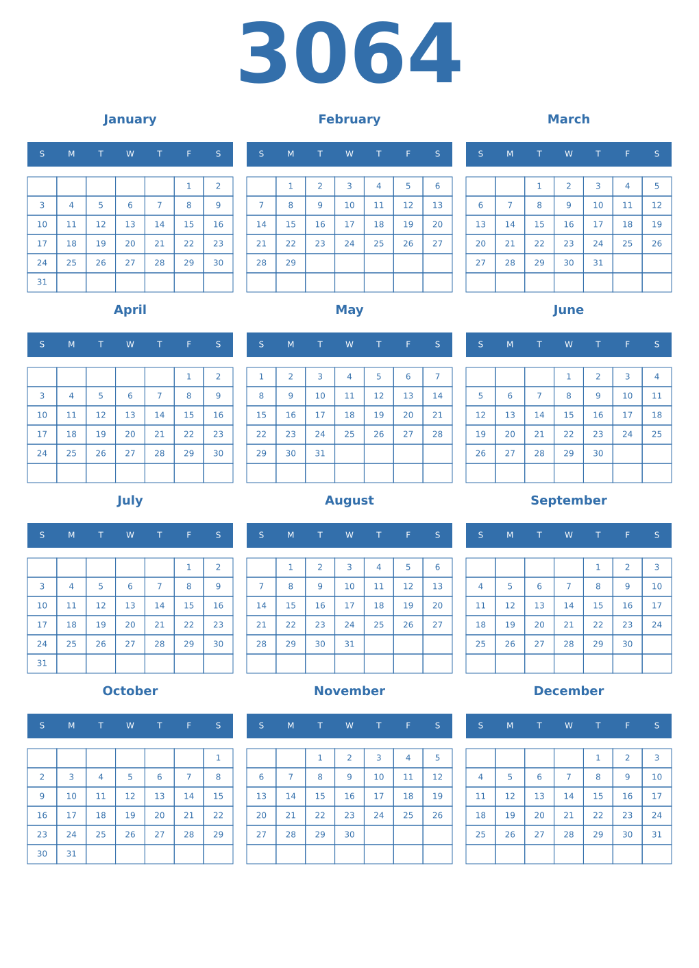 Printable 3064 Year Calendars blue