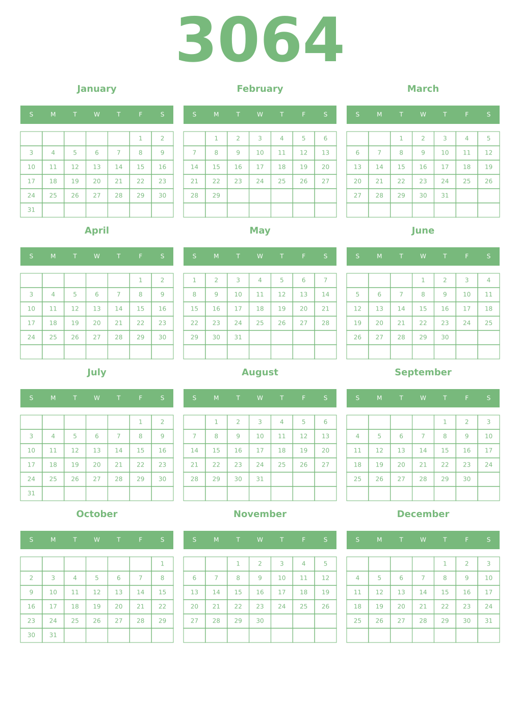 Printable 3064 Year Calendars celadon
